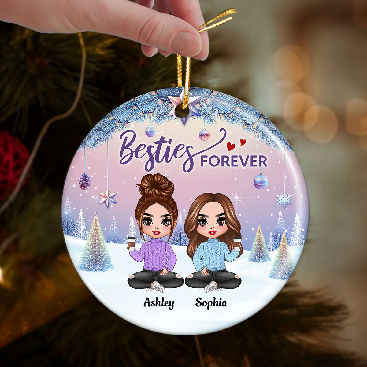 Gradient Background Christmas Besties Sisters Personalized Circle Ornament - Image 13
