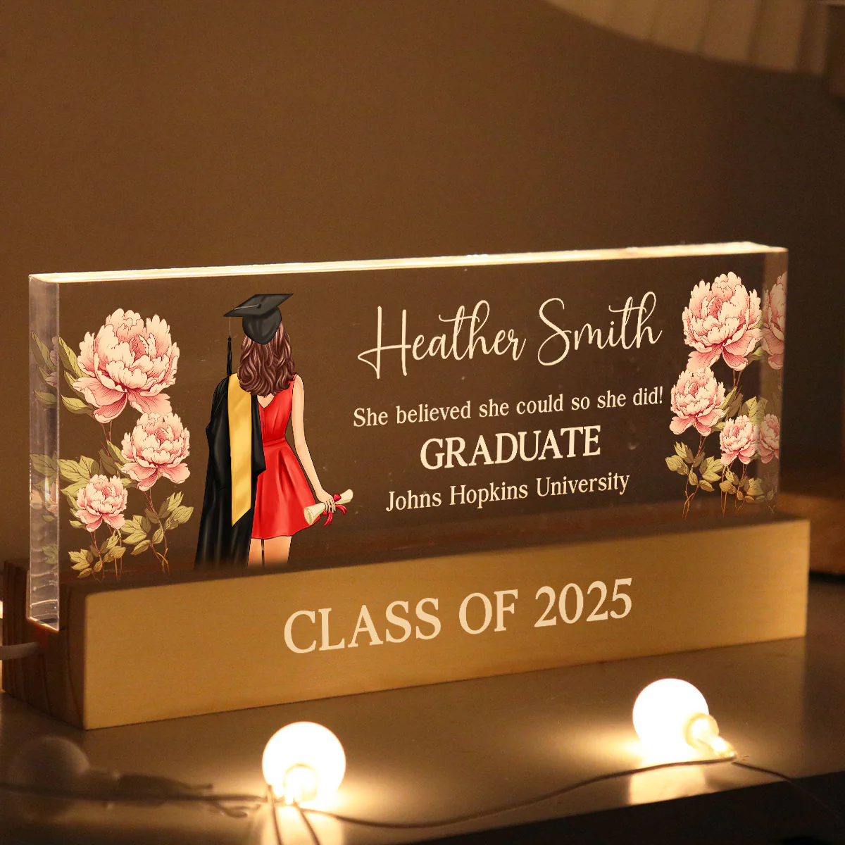 Graduation Senior Birth Month Flowers Personalized Rectangle Acrylic Block LED Night Light, Graduation Gift - Image 2
