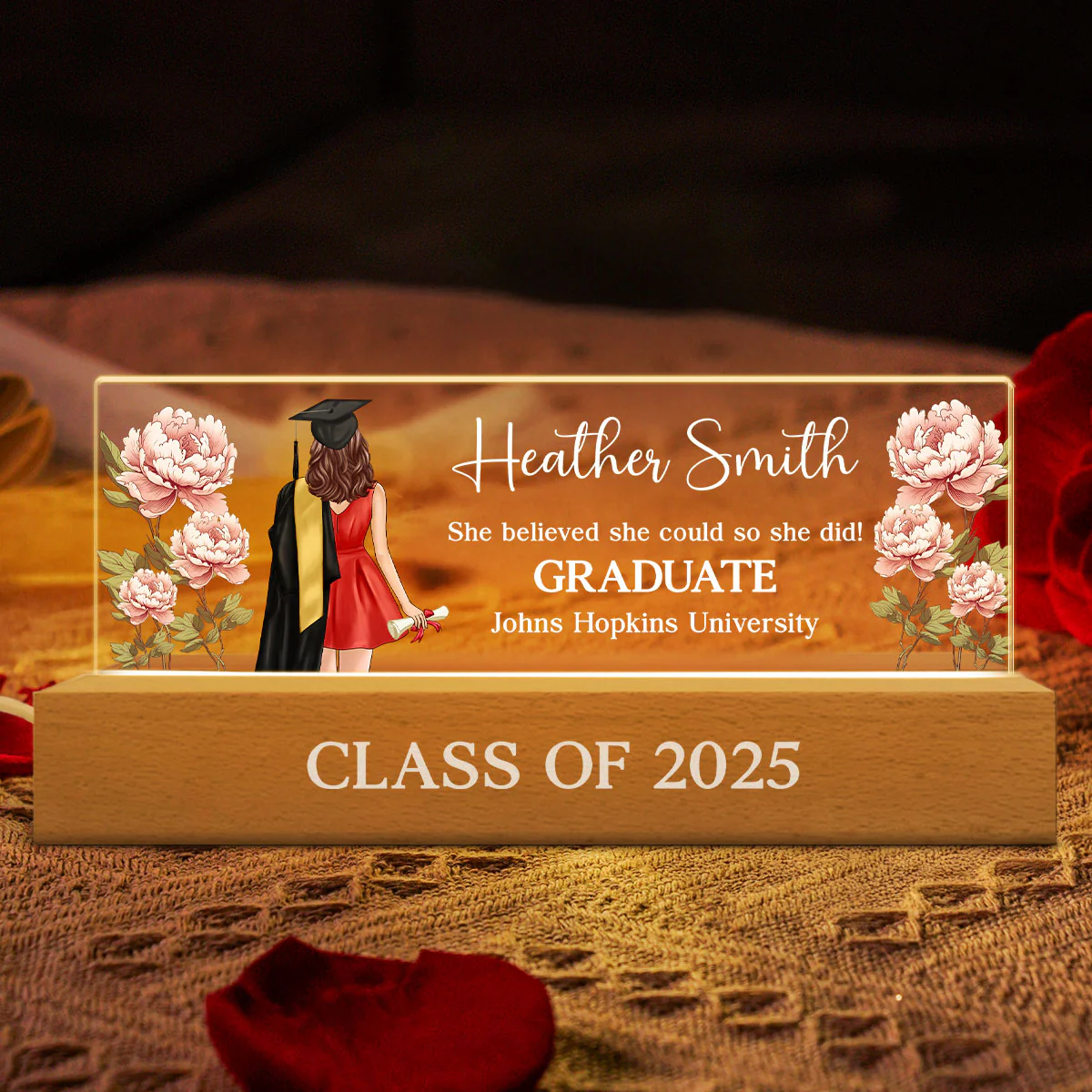 Graduation Senior Birth Month Flowers Personalized Rectangle Acrylic Block LED Night Light, Graduation Gift - Image 3