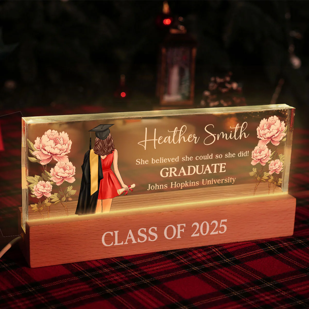 Graduation Senior Birth Month Flowers Personalized Rectangle Acrylic Block LED Night Light, Graduation Gift - Image 4
