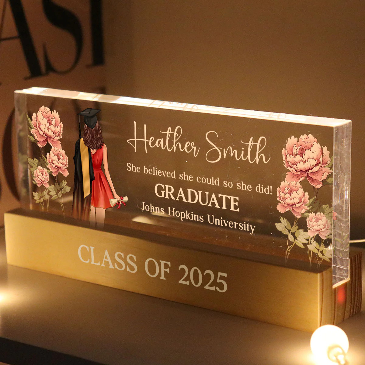 Graduation Senior Birth Month Flowers Personalized Rectangle Acrylic Block LED Night Light, Graduation Gift - Image 5