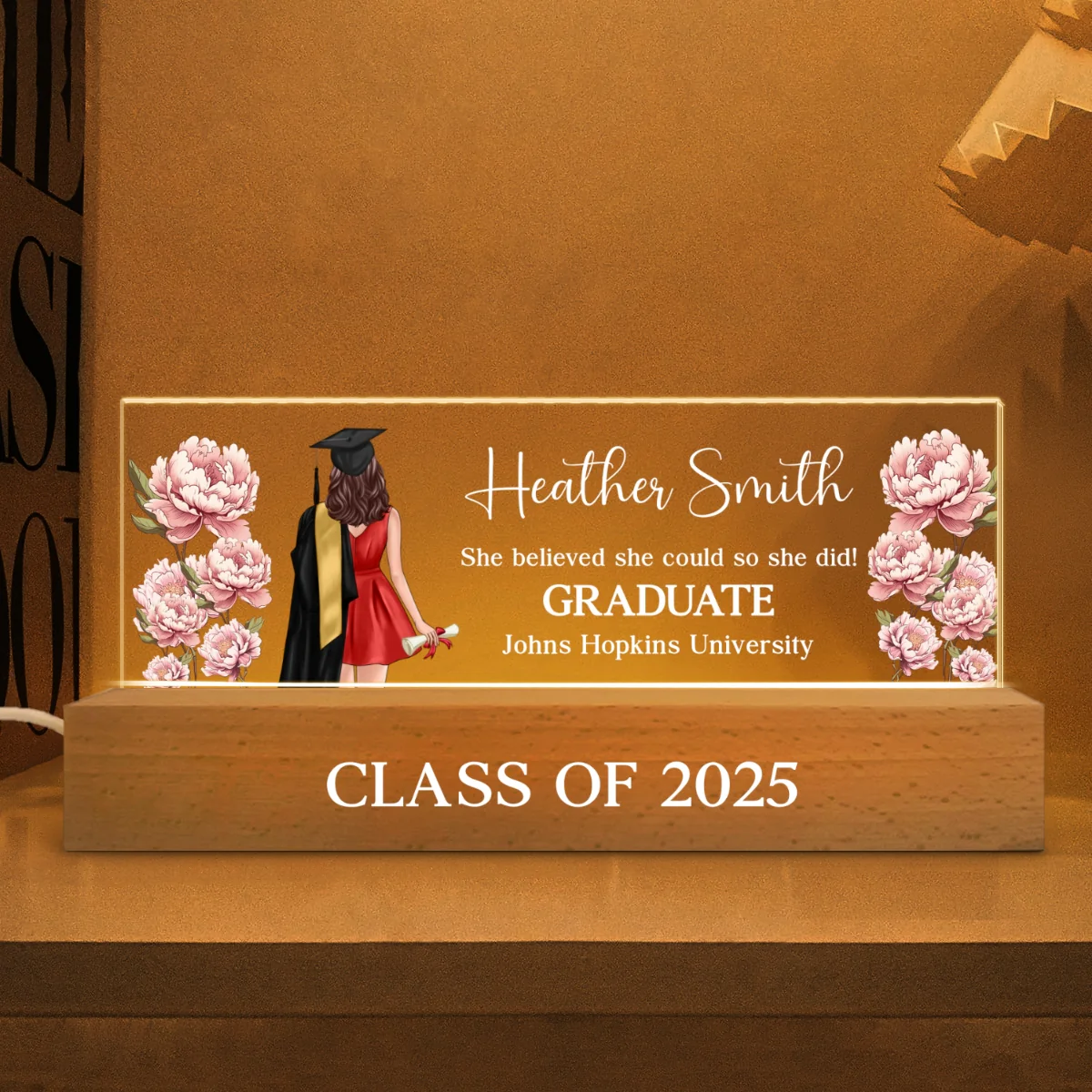 Graduation Senior Birth Month Flowers Personalized Rectangle Acrylic Block LED Night Light, Graduation Gift - Image 8