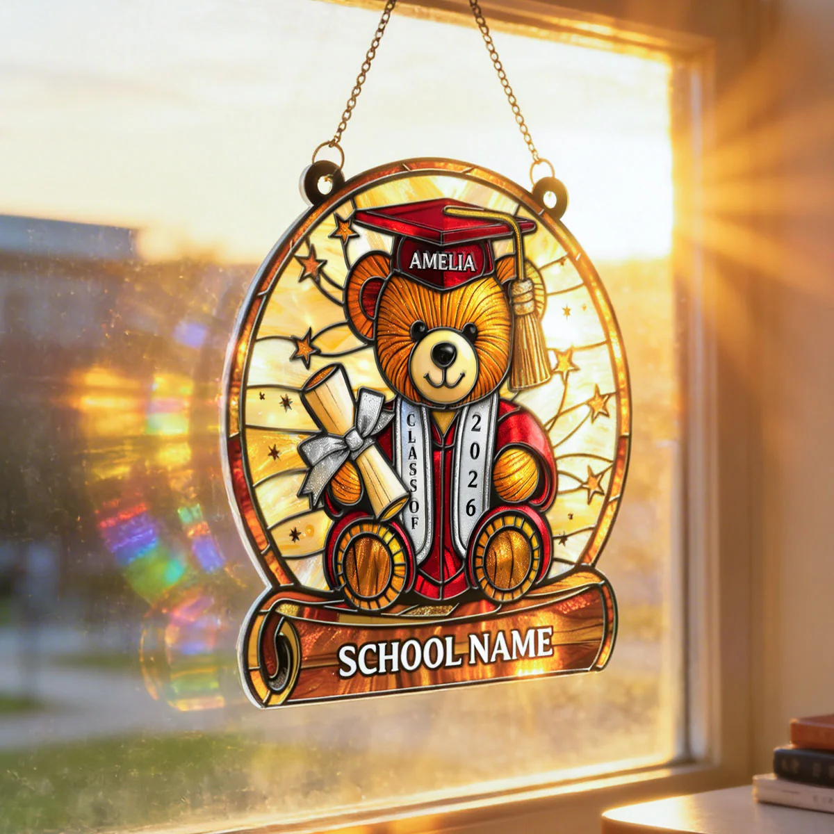 Graduation Teddy Bear With Diploma And Cap - Personalized Suncatcher - Gift For Senior - Image 3