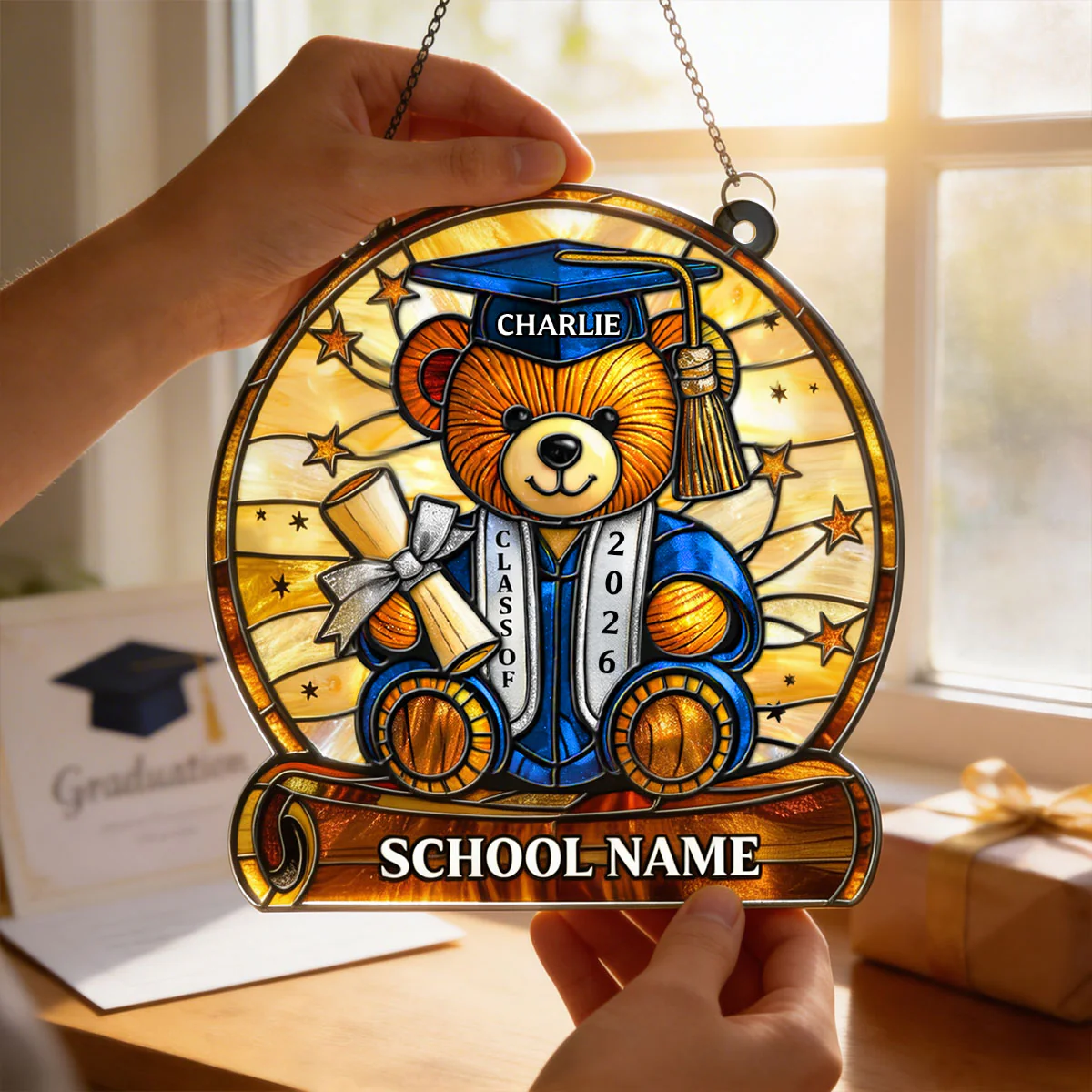 Graduation Teddy Bear With Diploma And Cap - Personalized Suncatcher - Gift For Senior - Image 4