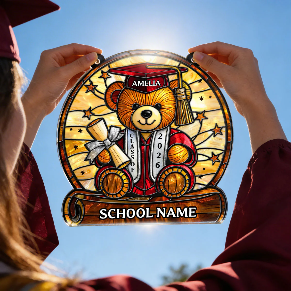 Graduation Teddy Bear With Diploma And Cap - Personalized Suncatcher - Gift For Senior - Image 6