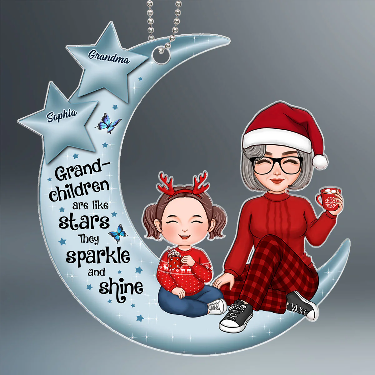 Grandchildren Are Like Stars Grandma Grandkids Sitting On Blue Moon Personalized Acrylic Ornament - Image 2