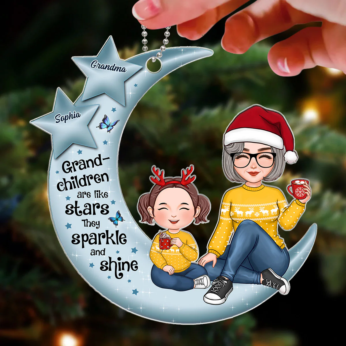 Grandchildren Are Like Stars Grandma Grandkids Sitting On Blue Moon Personalized Acrylic Ornament - Image 3
