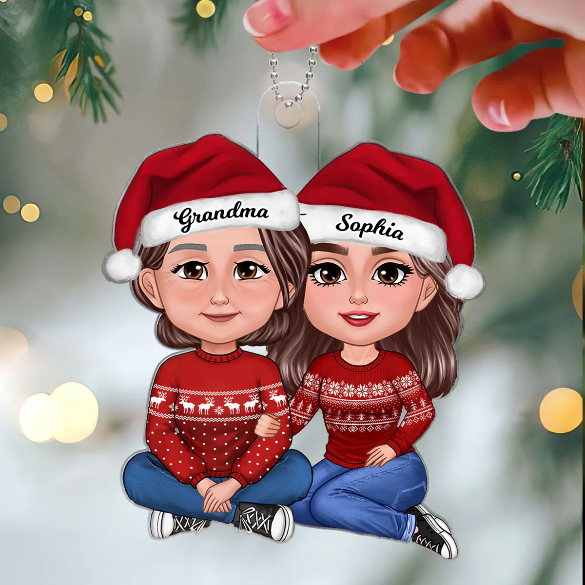Granddaughter Sitting With Grandmother Christmas Personalized Acrylic Ornament - Image 3