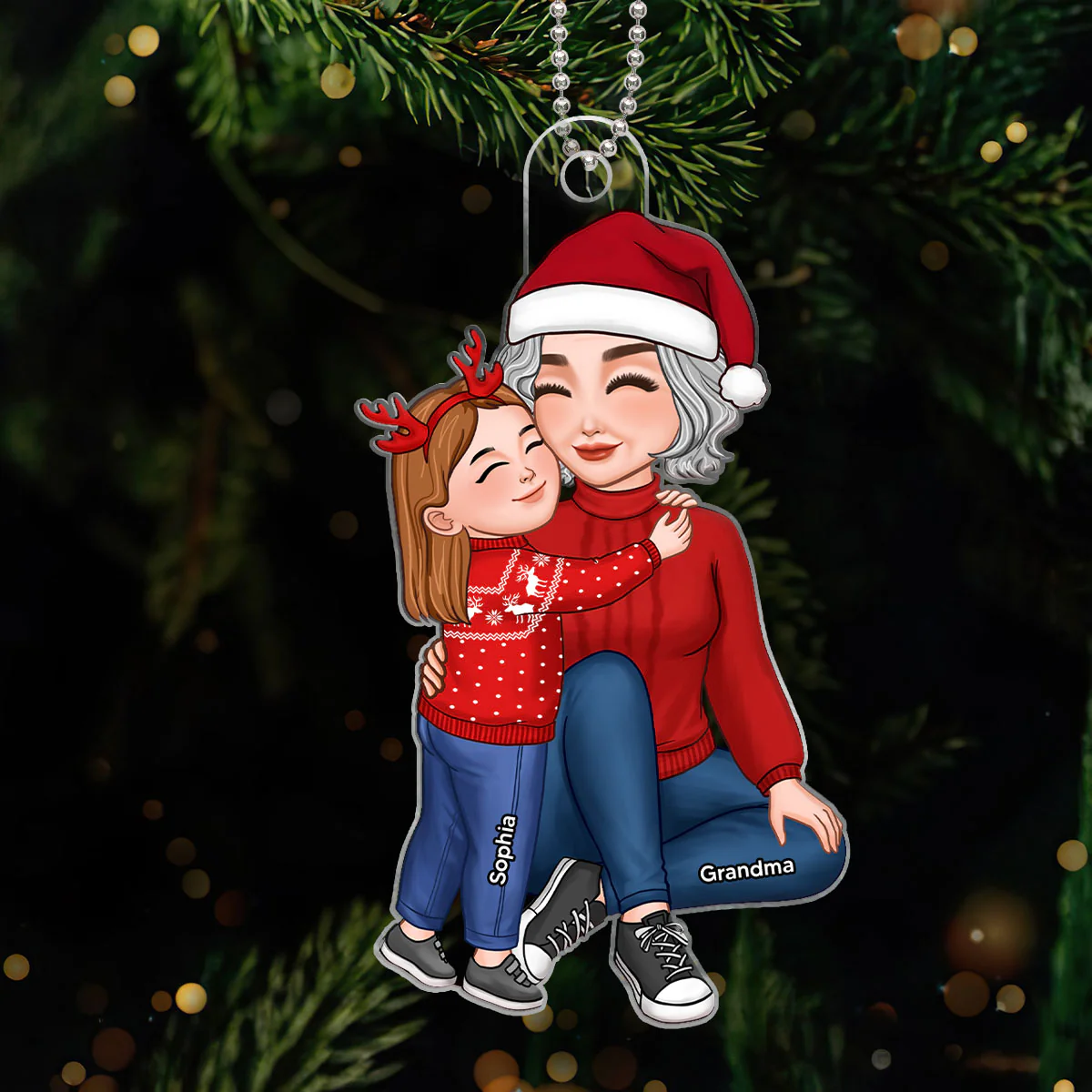 Grandma & Grandkid Hugging Sitting Acrylic Ornament - Personalized Gift For Grandma