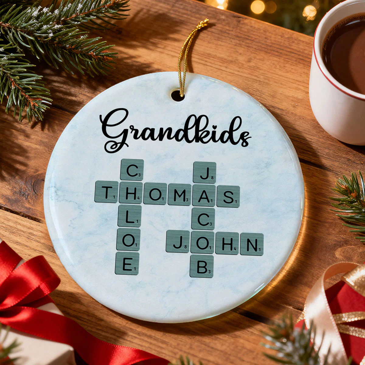 Grandkids Crossword Art - Personalized Ceramic Ornament - Sentimental Gift for Grandma Grandpa Grandkids - Image 2