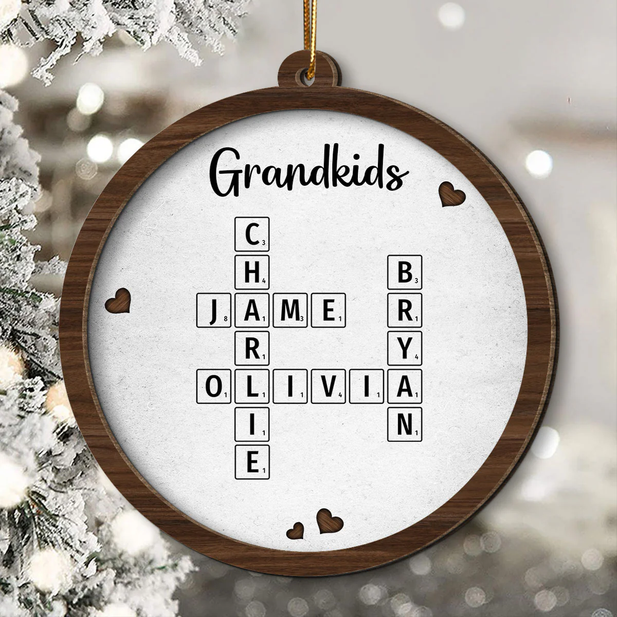 Grandkids Crossword Puzzle Art Newspaper Personalized 2-Layer Wooden Ornament, Christmas Gift For Grandma, Gift For Mom - Image 2
