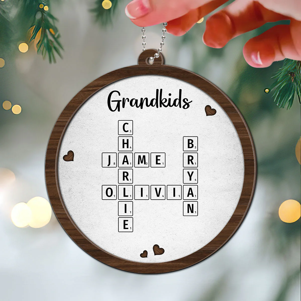 Grandkids Crossword Puzzle Art Newspaper Personalized 2-Layer Wooden Ornament, Christmas Gift For Grandma, Gift For Mom - Image 3