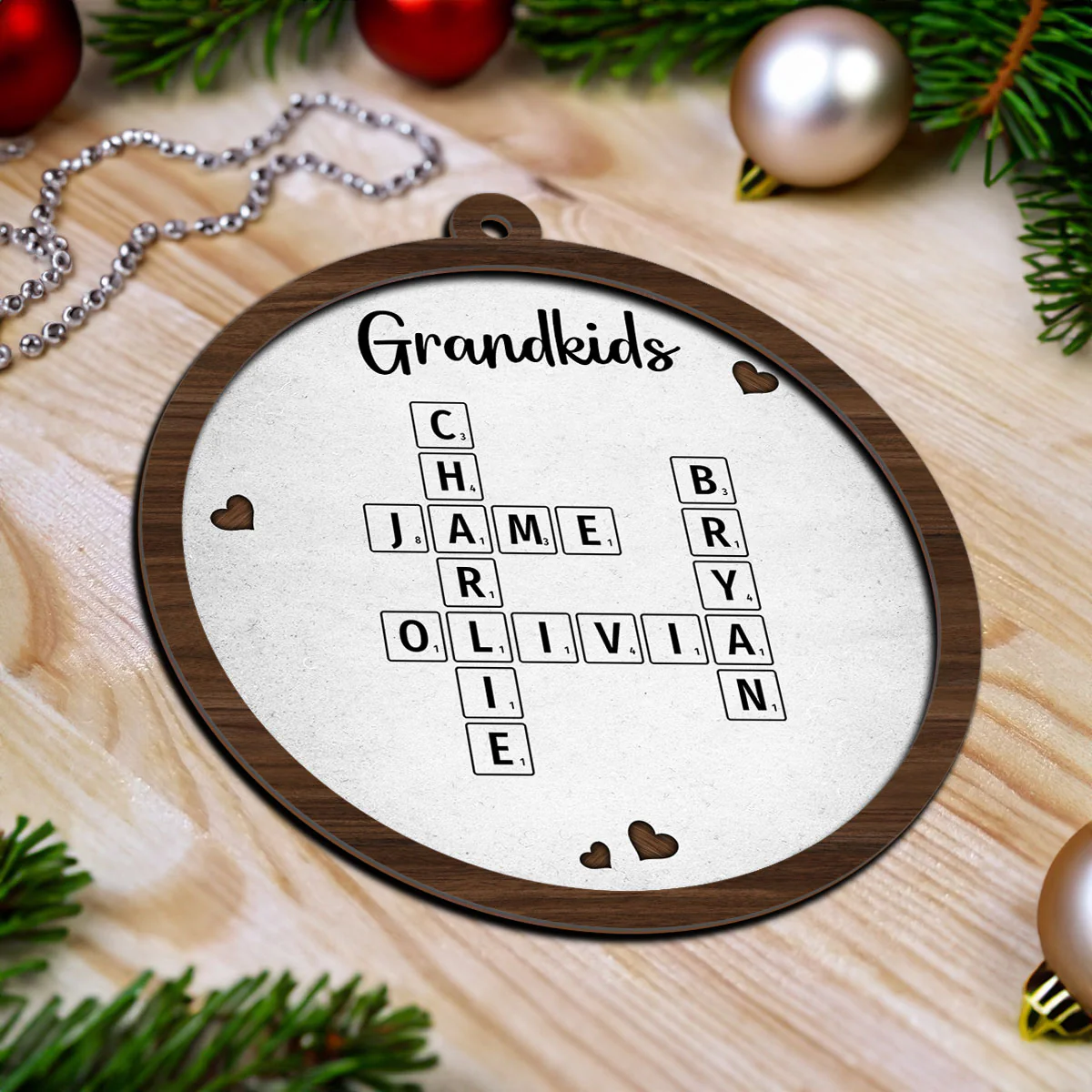 Grandkids Crossword Puzzle Art Newspaper Personalized 2-Layer Wooden Ornament, Christmas Gift For Grandma, Gift For Mom - Image 4
