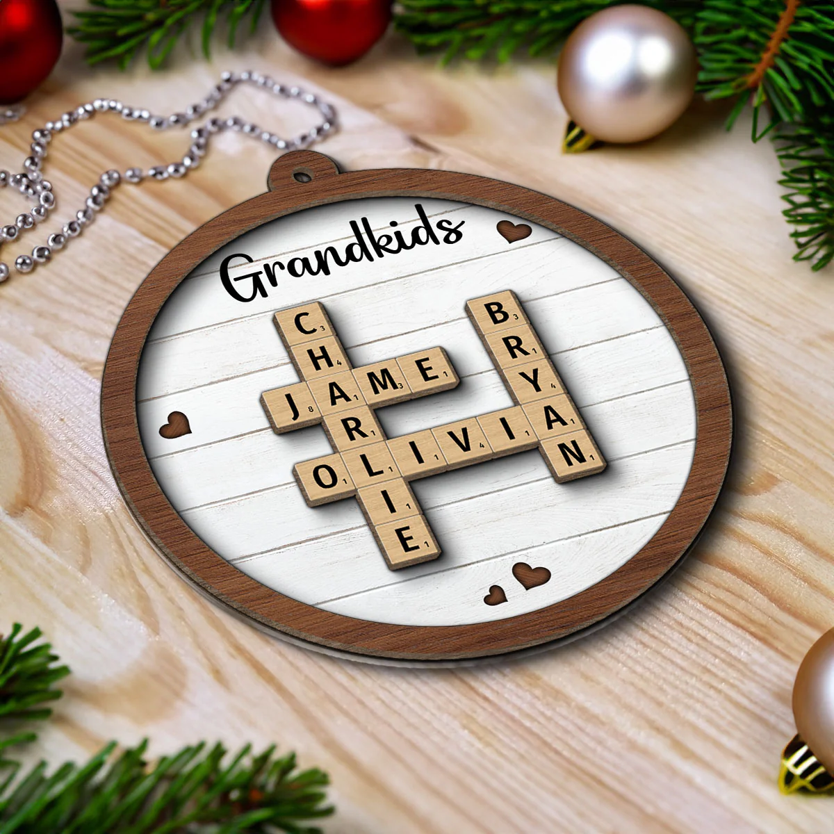 Grandkids Crossword Puzzle Art - Personalized 2-Layered Wooden Ornament - Christmas Gift For Mom, Gift For Grandma - Image 4