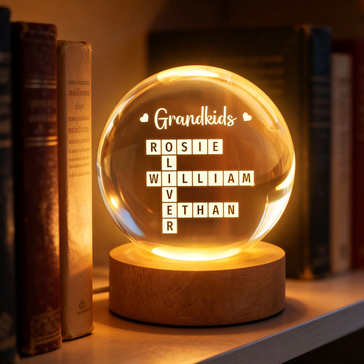 Grandkids Crossword Puzzle Art - Personalized Crystal Ball LED Night Light - Heartfelt Gift For Grandma, Gift For Mom - Image 2