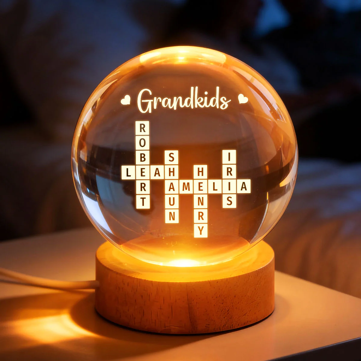 Grandkids Crossword Puzzle Art - Personalized Crystal Ball LED Night Light - Heartfelt Gift For Grandma, Gift For Mom - Image 4