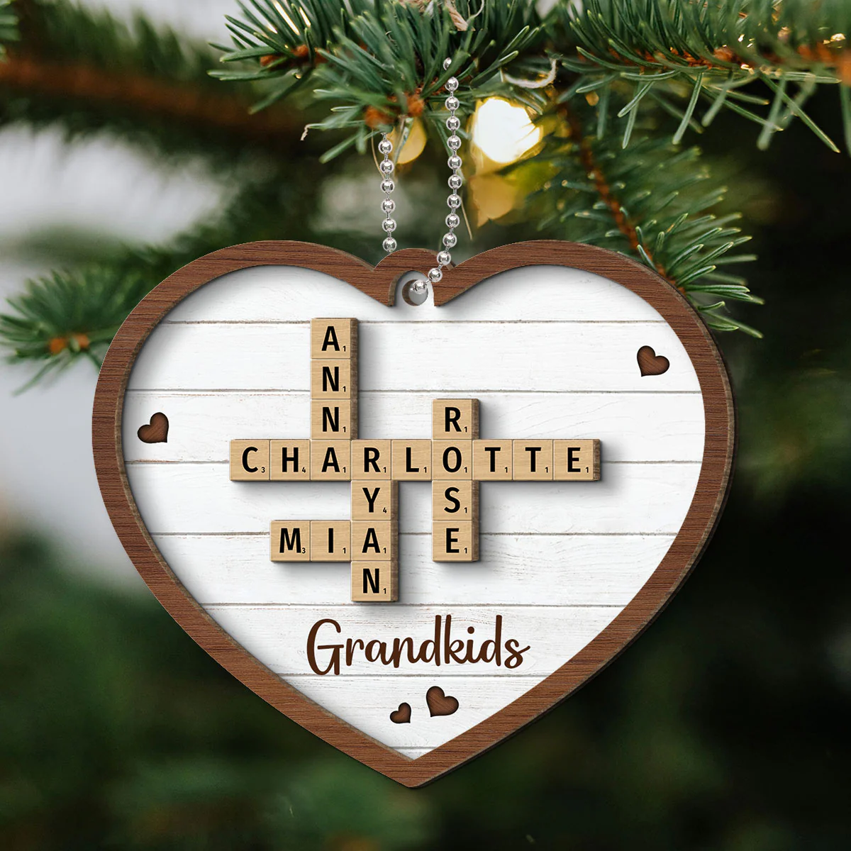 Grandkids Crossword Puzzle Art - Personalized 2-Layered Wooden Ornament - Christmas Gift For Mom, Gift For Grandma