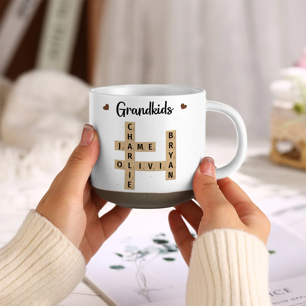 Grandkids Crossword Puzzle Art Personalized Pottery Mug, Christmas Gift For Grandma, Gift For Mom - Image 4