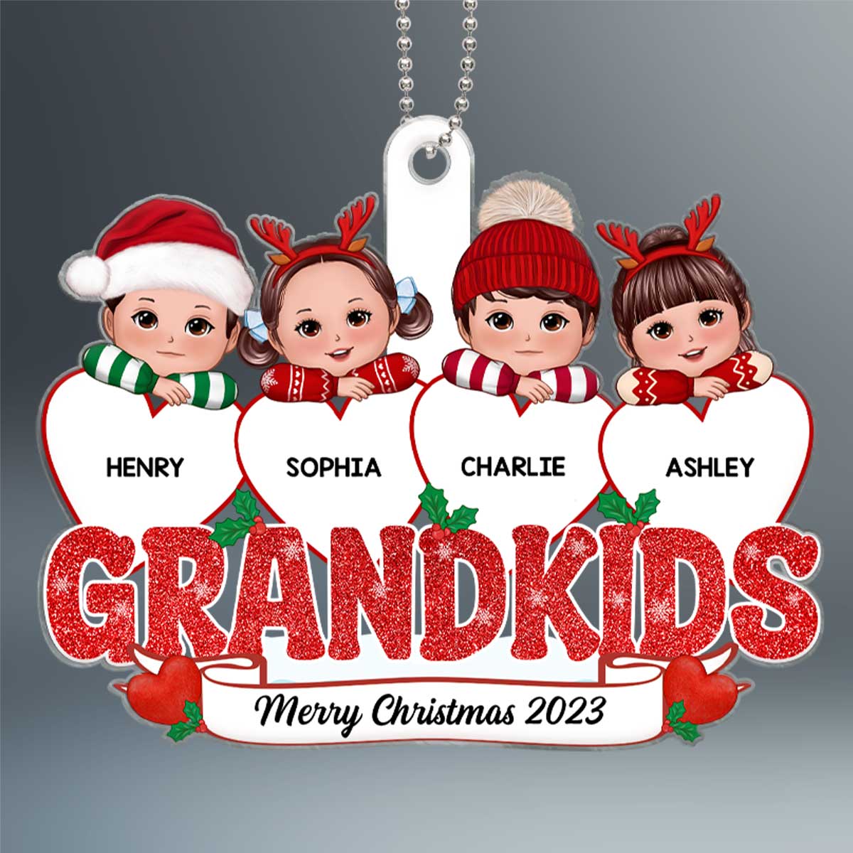 Grandkids Cute Kids On Hearts Personalized Custom Shaped Acrylic Ornament - Image 2
