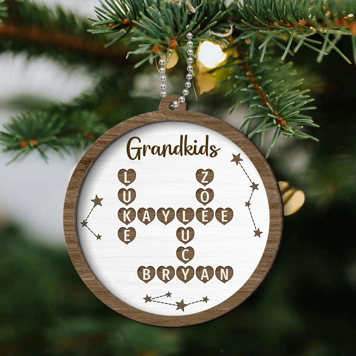 Grandkids Family Heart Crossword Art Puzzle Personalized 2-Layer Wooden Ornament