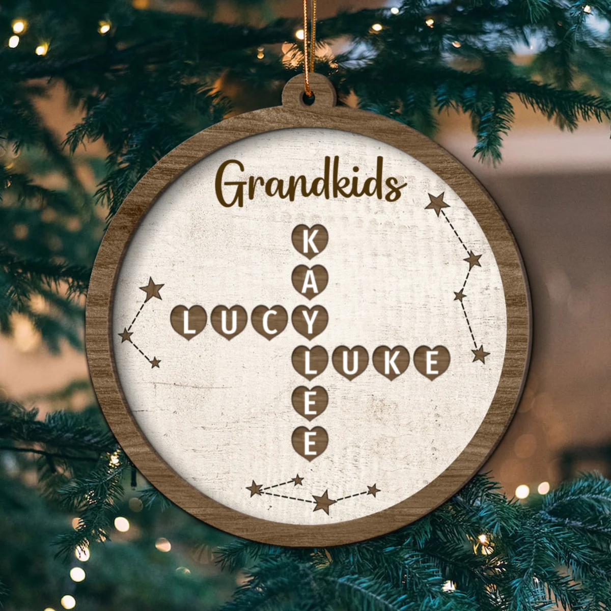 Grandkids Family Heart Crossword Art Puzzle Personalized 2-Layer Wooden Ornament - Image 10