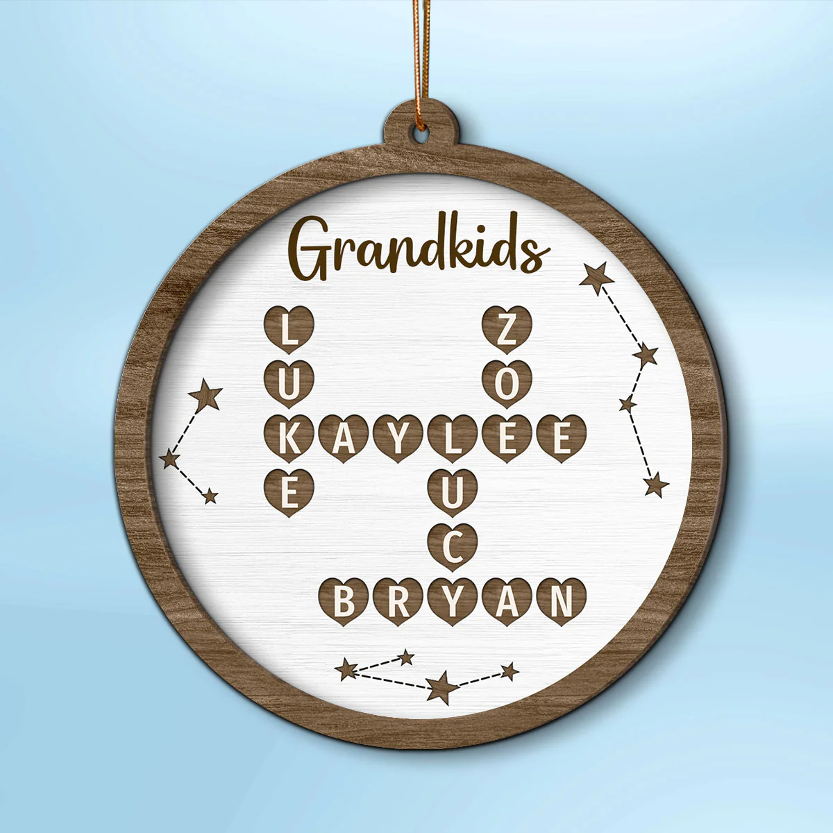 Grandkids Family Heart Crossword Art Puzzle Personalized 2-Layer Wooden Ornament - Image 2