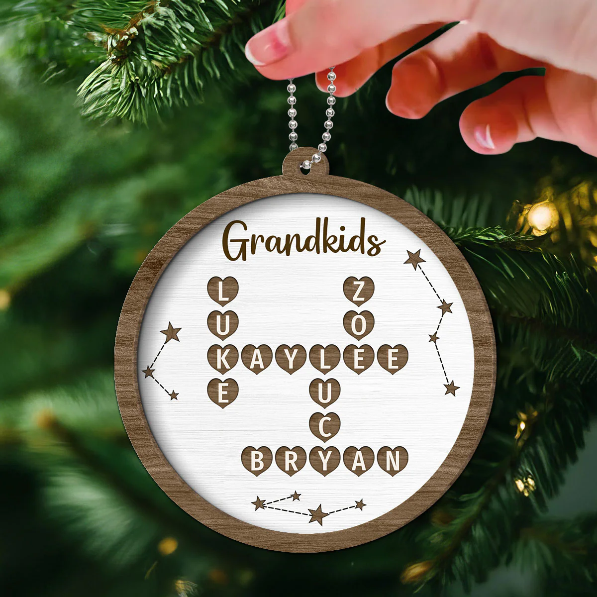Grandkids Family Heart Crossword Art Puzzle Personalized 2-Layer Wooden Ornament - Image 3