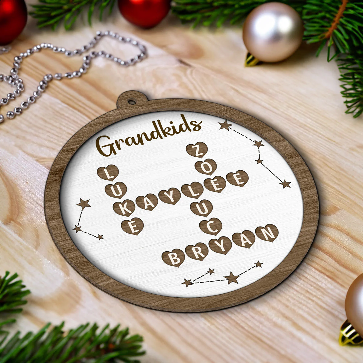 Grandkids Family Heart Crossword Art Puzzle Personalized 2-Layer Wooden Ornament - Image 4