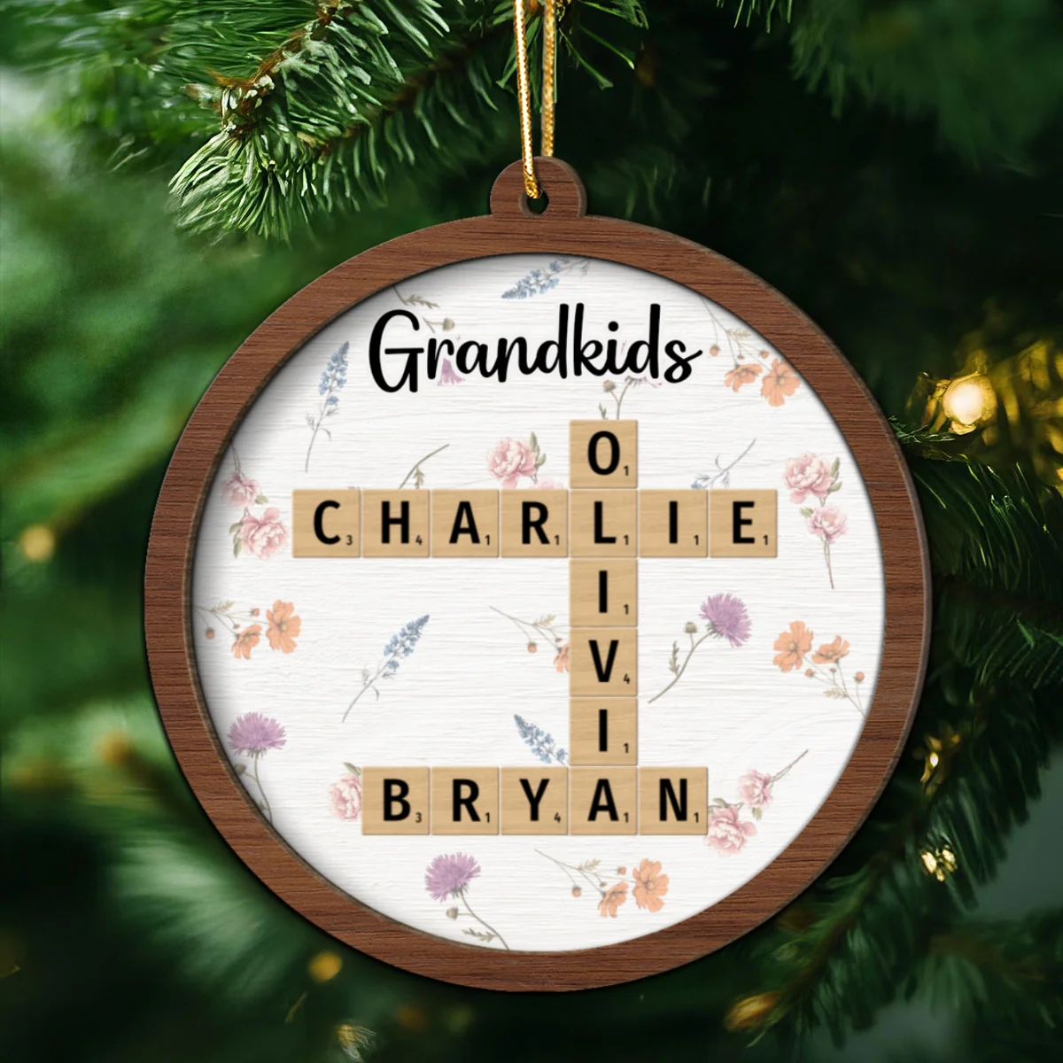 Grandkids Grandma's Garden Crossword Puzzle Art Birth Month Flower Personalized 2-Layer Wooden Ornament - Image 11