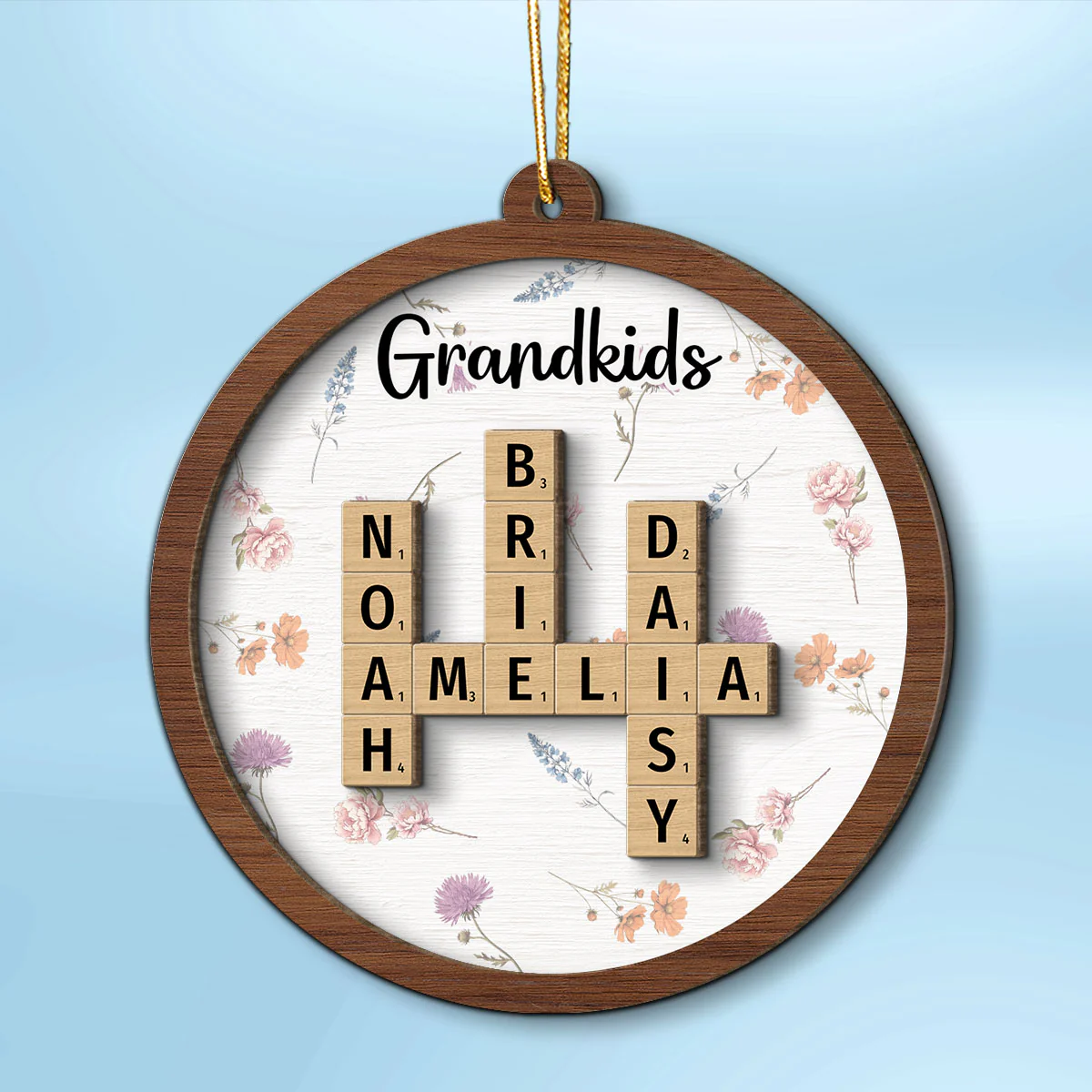 Grandkids Grandma's Garden Crossword Puzzle Art Birth Month Flower Personalized 2-Layer Wooden Ornament - Image 2