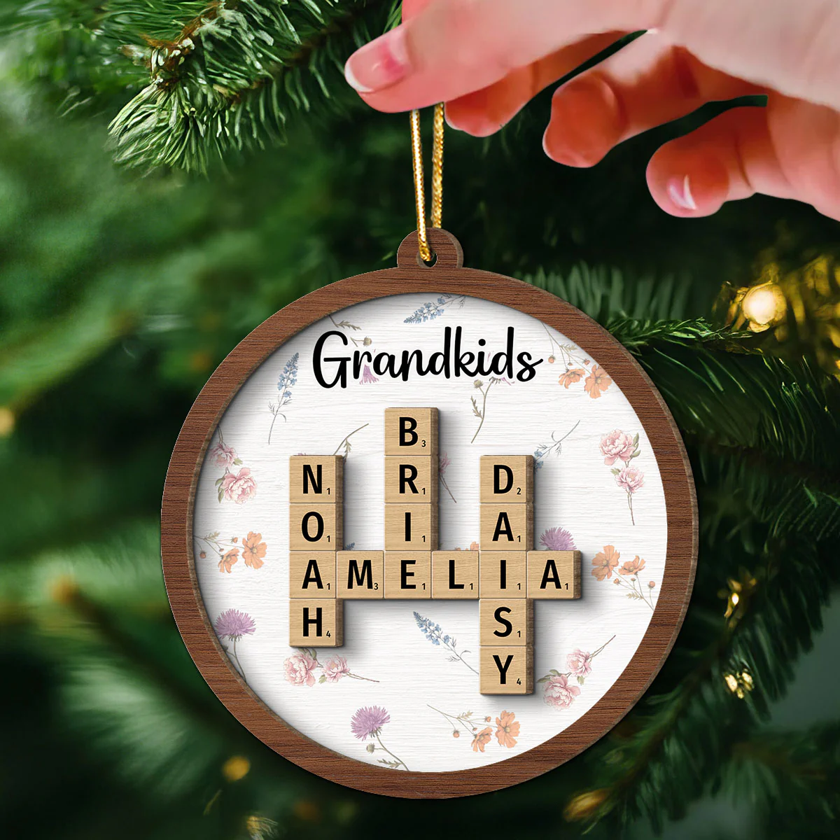 Grandkids Grandma's Garden Crossword Puzzle Art Birth Month Flower Personalized 2-Layer Wooden Ornament - Image 3