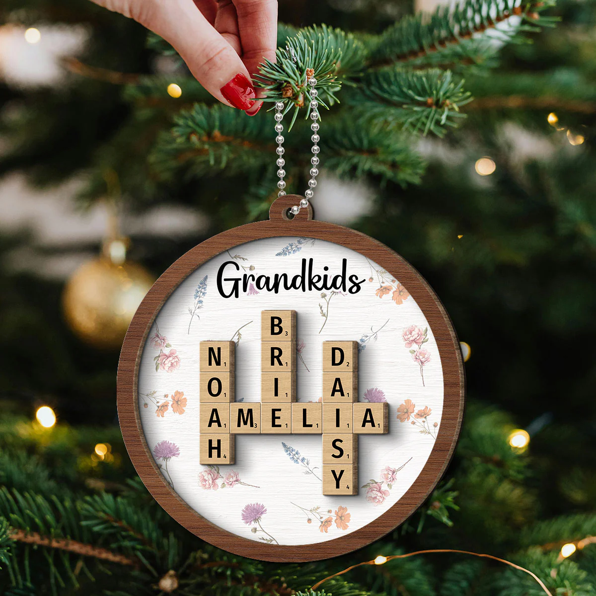 Grandkids Grandma's Garden Crossword Puzzle Art Birth Month Flower Personalized 2-Layer Wooden Ornament - Image 5