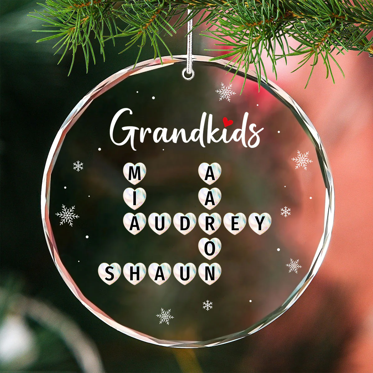 Grandkids Heart Crossword Art Puzzle Personalized Glass Ornament, Gift For Grandma Grandparents