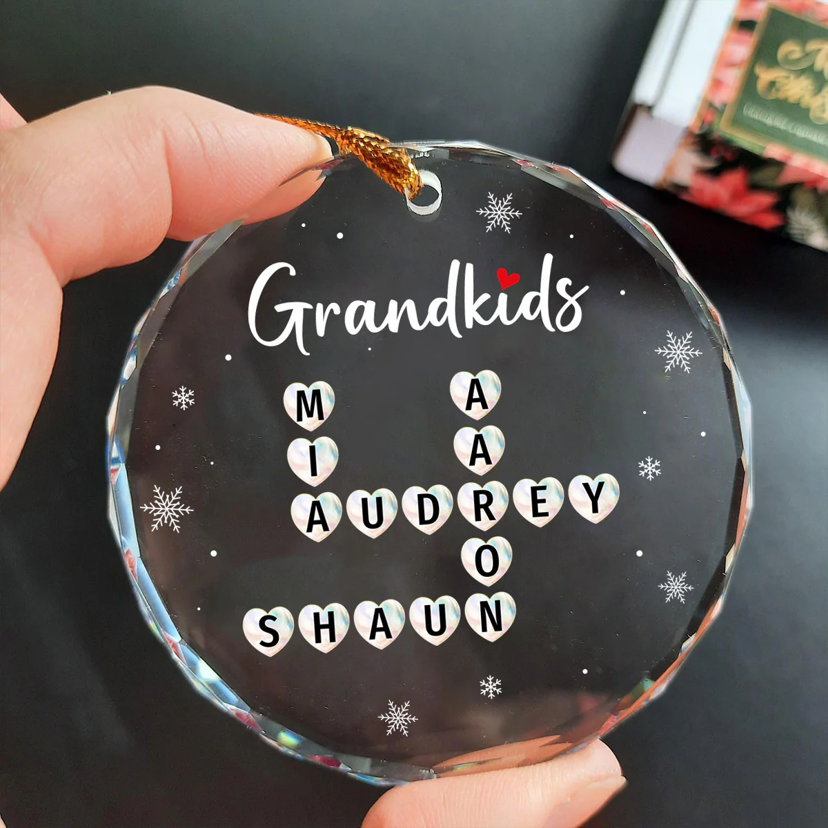 Grandkids Heart Crossword Art Puzzle Personalized Glass Ornament, Gift For Grandma Grandparents - Image 3