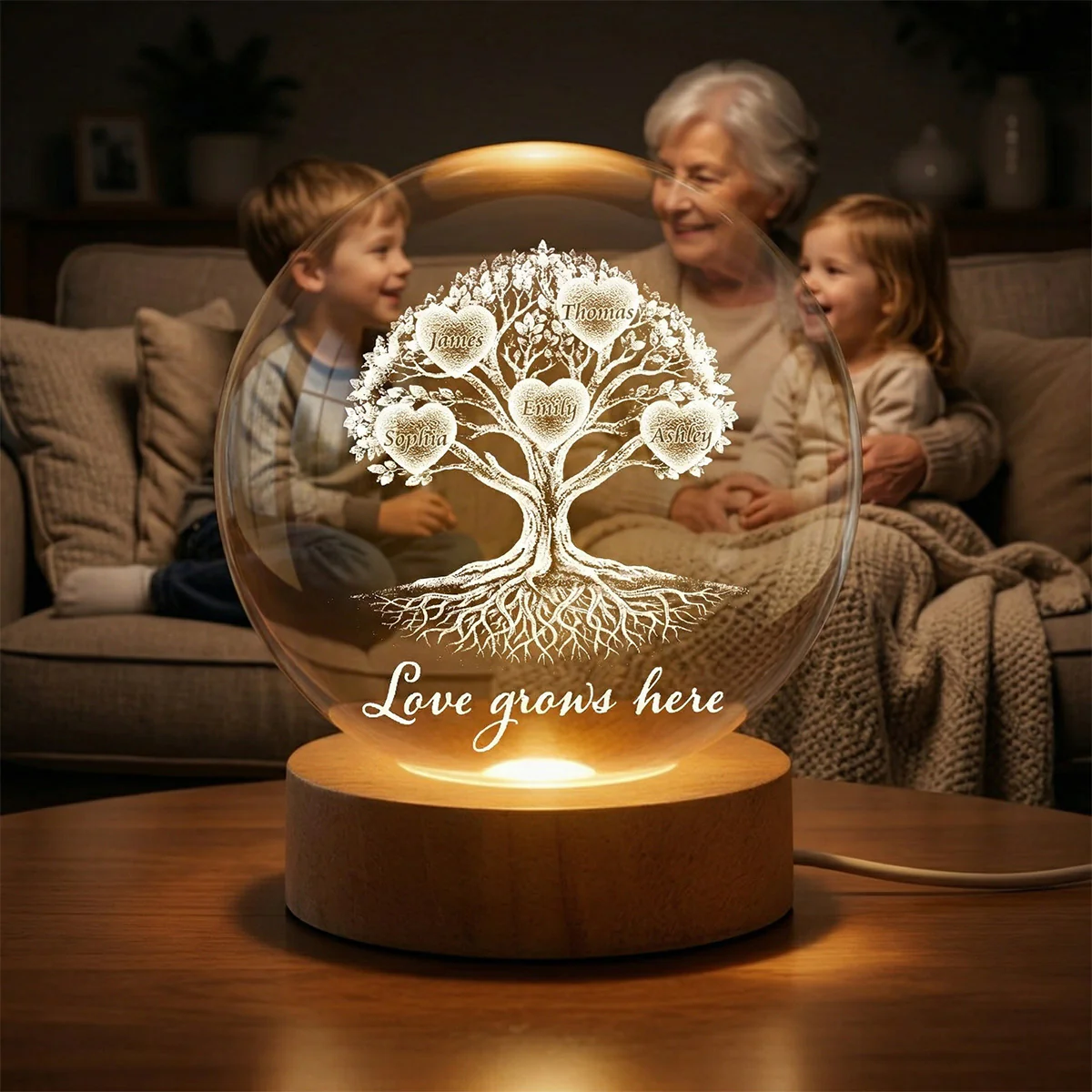 Grandkids Heart Tree Of Life - Personalized Crystal Ball LED Night Light - Mother's Day Gift For Grandma - Image 2