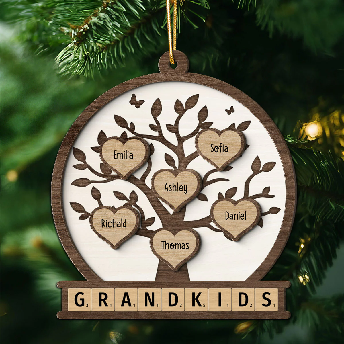 Grandkids Heart Tree Personalized 2-Layer Wooden Ornament
