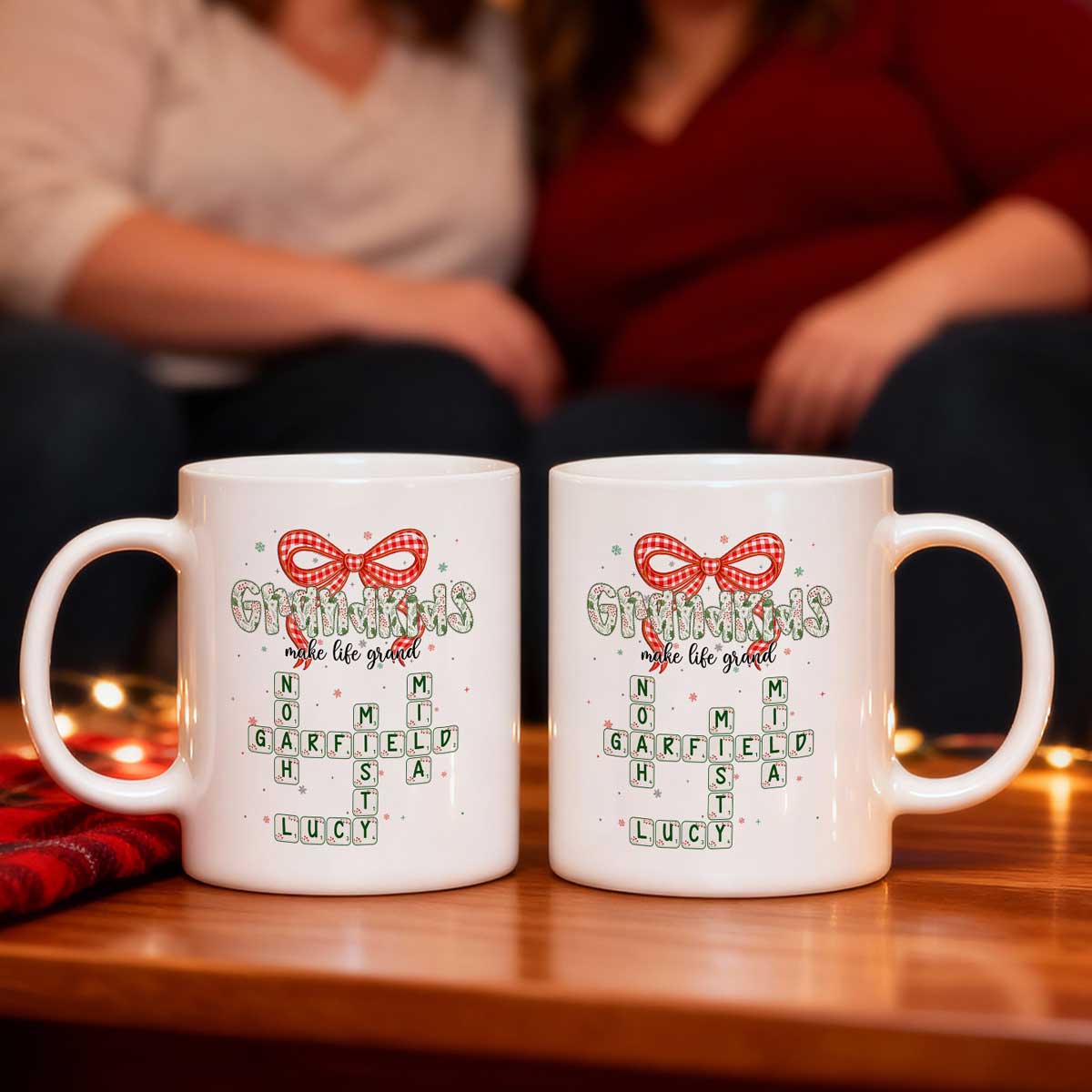 Grandkids Make Life Grand Coquette Floral Christmas Pattern Crossword Puzzle Art - Personalized Mug - Image 2