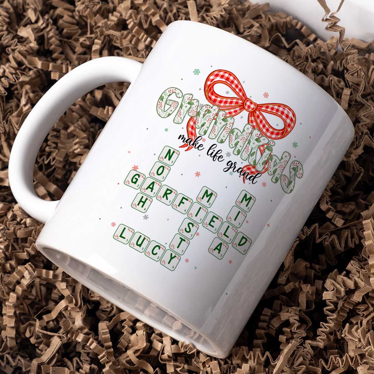 Grandkids Make Life Grand Coquette Floral Christmas Pattern Crossword Puzzle Art - Personalized Mug - Image 3