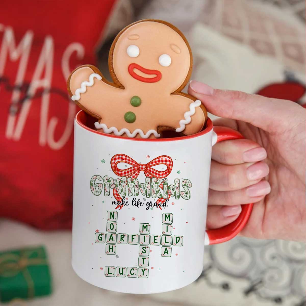 Grandkids Make Life Grand Coquette Floral Christmas Pattern Crossword Puzzle Art - Personalized Mug - Image 5