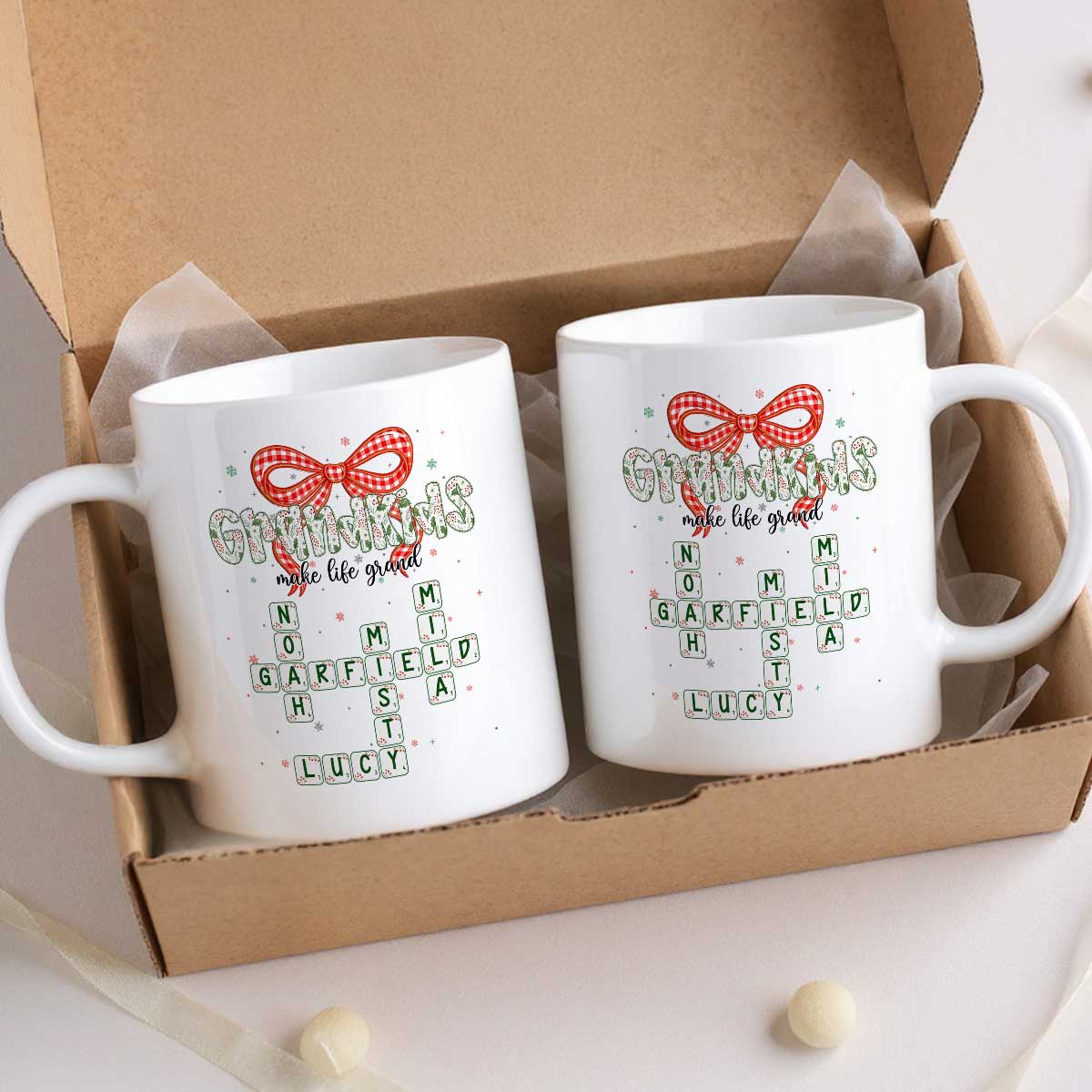 Grandkids Make Life Grand Coquette Floral Christmas Pattern Crossword Puzzle Art - Personalized Mug - Image 6