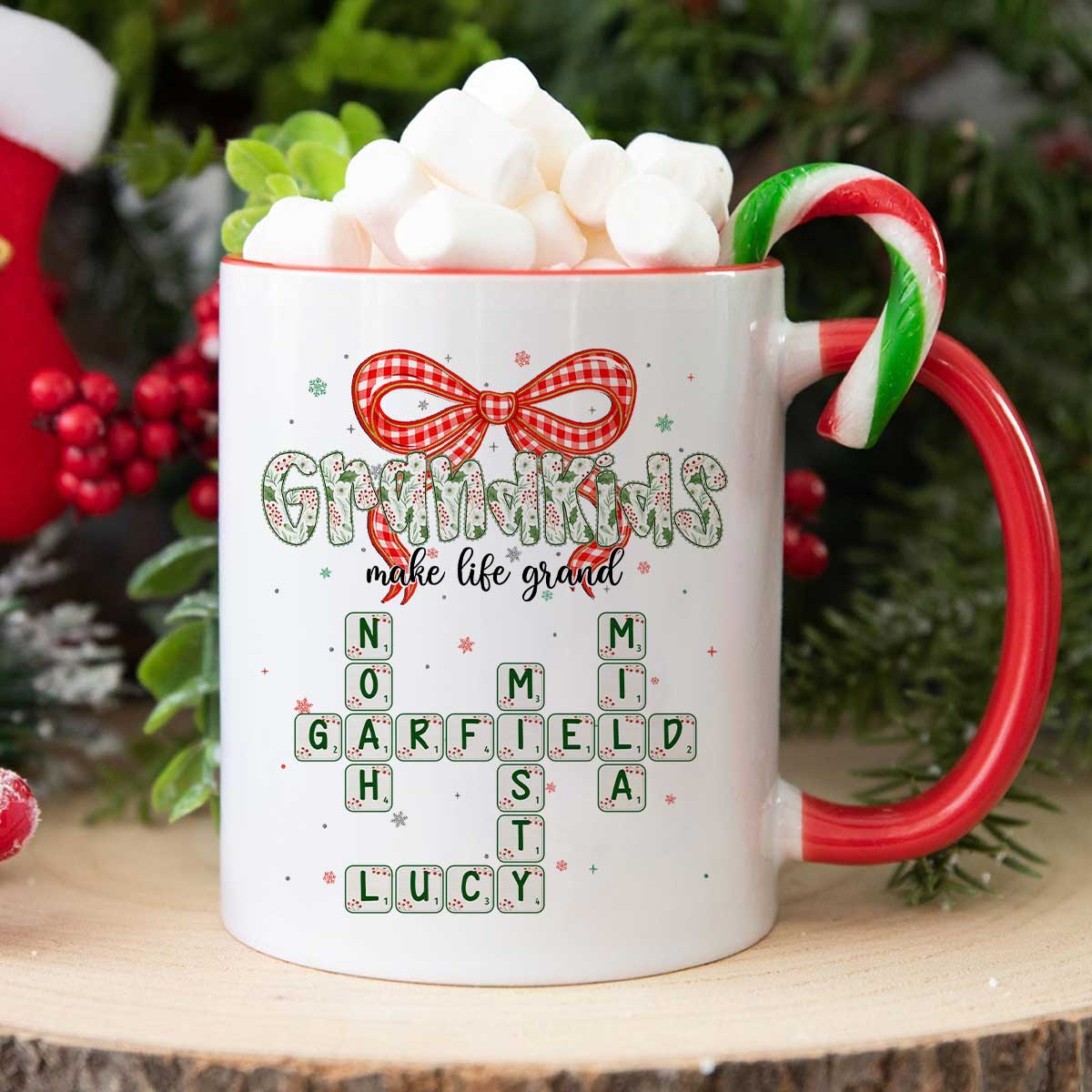 Grandkids Make Life Grand Coquette Floral Christmas Pattern Crossword Puzzle Art - Personalized Mug - Image 7
