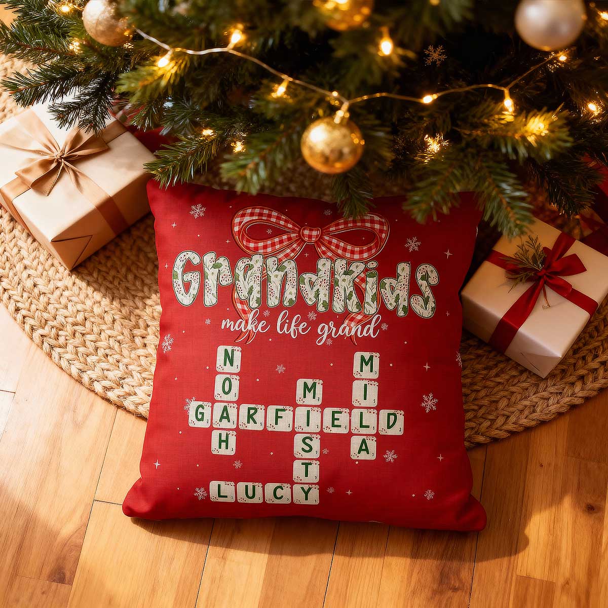 Grandkids Make Life Grand Coquette Floral Christmas Pattern Crossword Puzzle Art - Personalized Pillow - Image 2