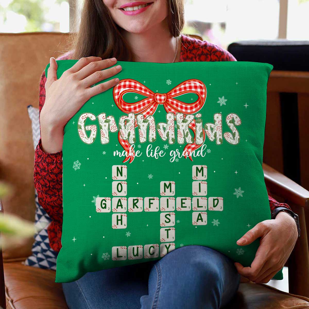 Grandkids Make Life Grand Coquette Floral Christmas Pattern Crossword Puzzle Art - Personalized Pillow - Image 3