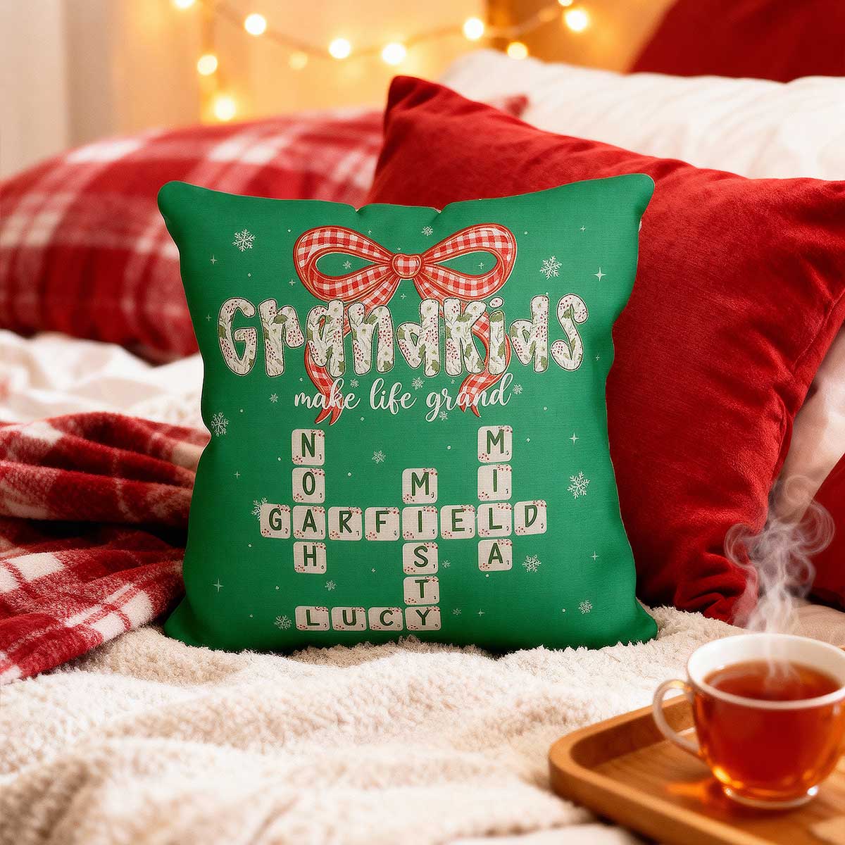 Grandkids Make Life Grand Coquette Floral Christmas Pattern Crossword Puzzle Art - Personalized Pillow - Image 4