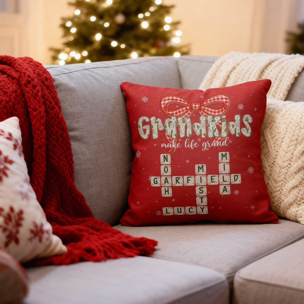 Grandkids Make Life Grand Coquette Floral Christmas Pattern Crossword Puzzle Art - Personalized Pillow - Image 5