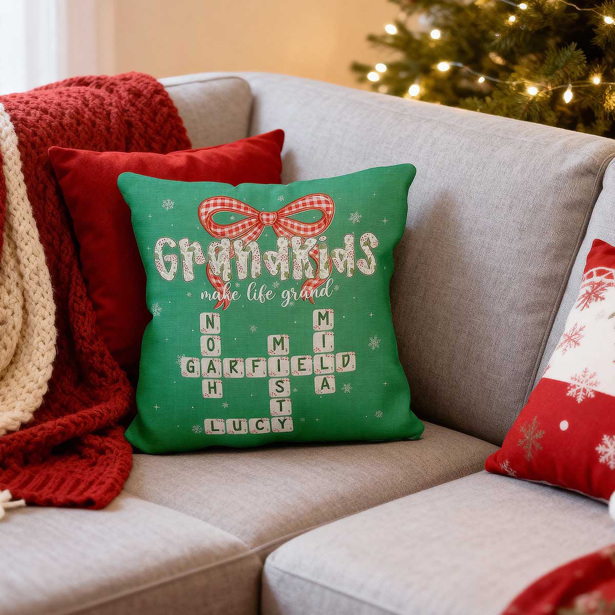 Grandkids Make Life Grand Coquette Floral Christmas Pattern Crossword Puzzle Art - Personalized Pillow - Image 6