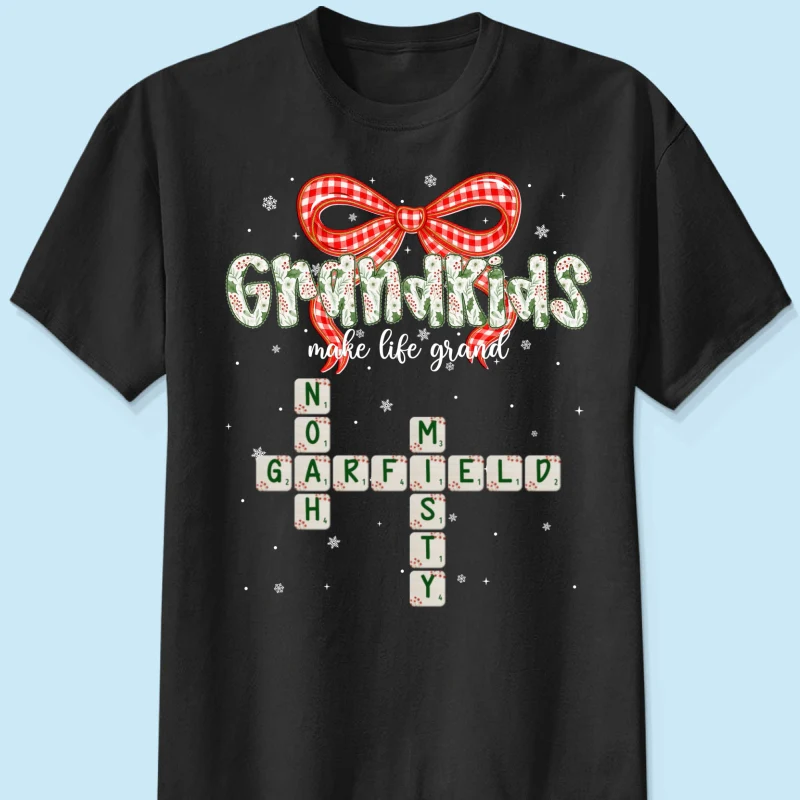 Grandkids Make Life Grand Coquette Floral Christmas Pattern Crossword Puzzle Art - Personalized Shirt - Image 13