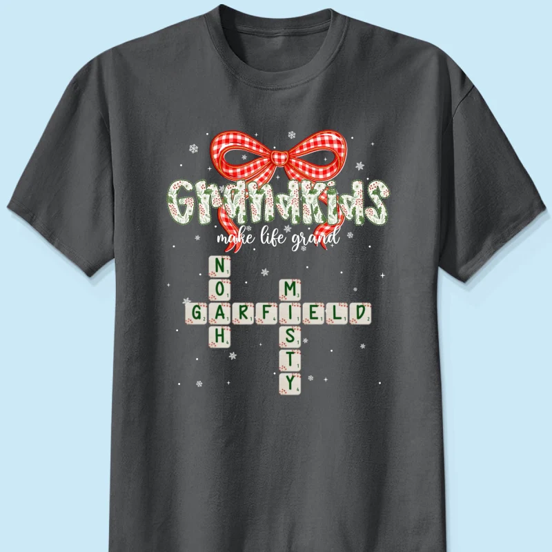 Grandkids Make Life Grand Coquette Floral Christmas Pattern Crossword Puzzle Art - Personalized Shirt - Image 15
