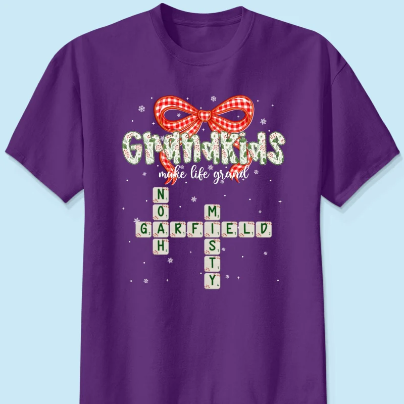 Grandkids Make Life Grand Coquette Floral Christmas Pattern Crossword Puzzle Art - Personalized Shirt - Image 16