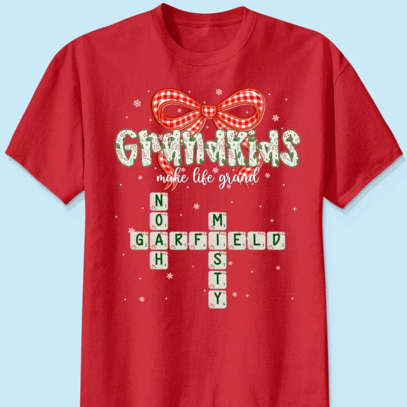 Grandkids Make Life Grand Coquette Floral Christmas Pattern Crossword Puzzle Art - Personalized Shirt - Image 19